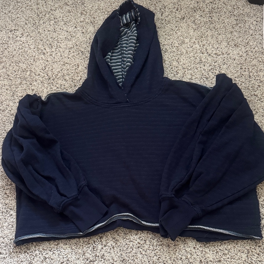 Free People Movement Distressed Cropped Blue Hooded Sweatshirt XS
